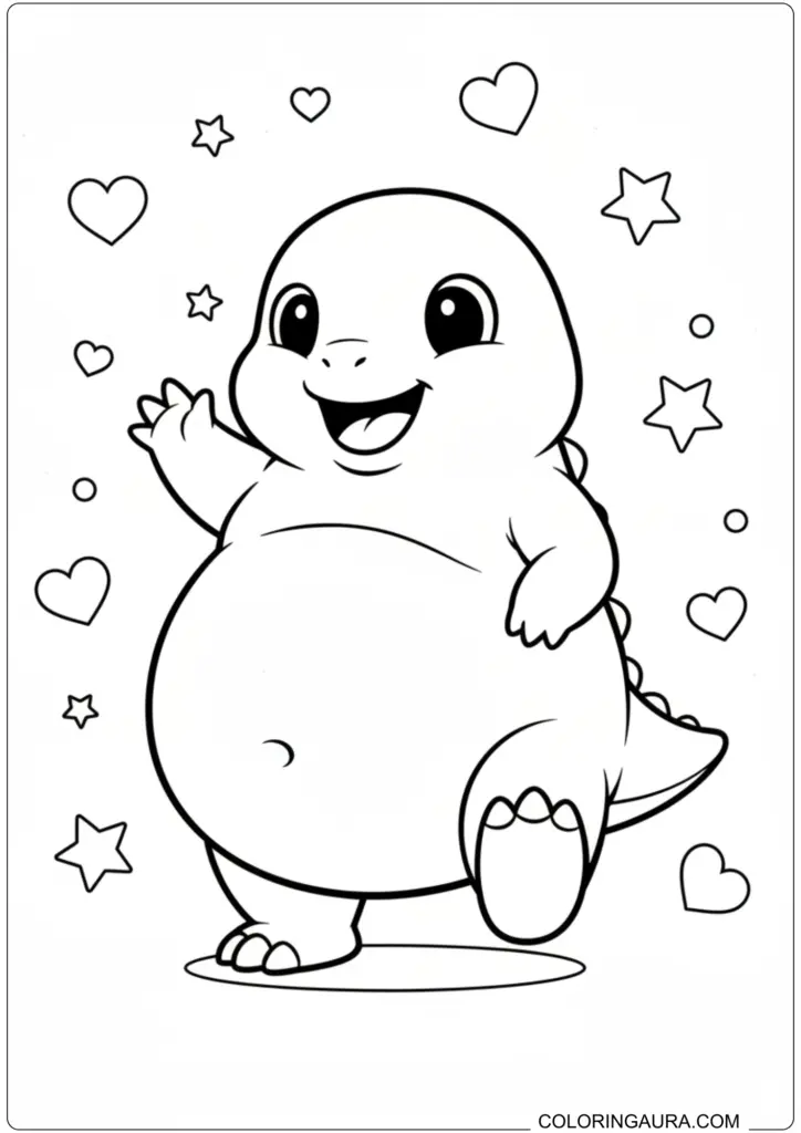 Adorable Nailong dinosaur coloring page with hearts and stars, perfect for kids' creative fun.