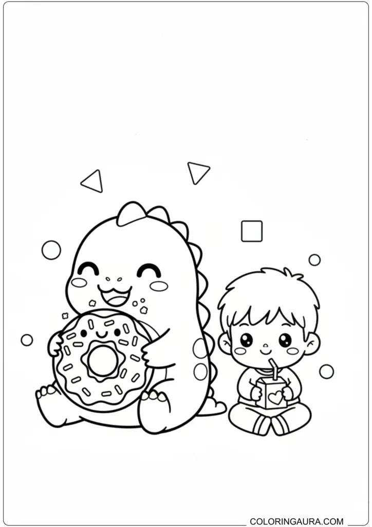 Nailong dinosaur happily eating a donut, with a boy drinking, surrounded by shapes, a fun coloring page.