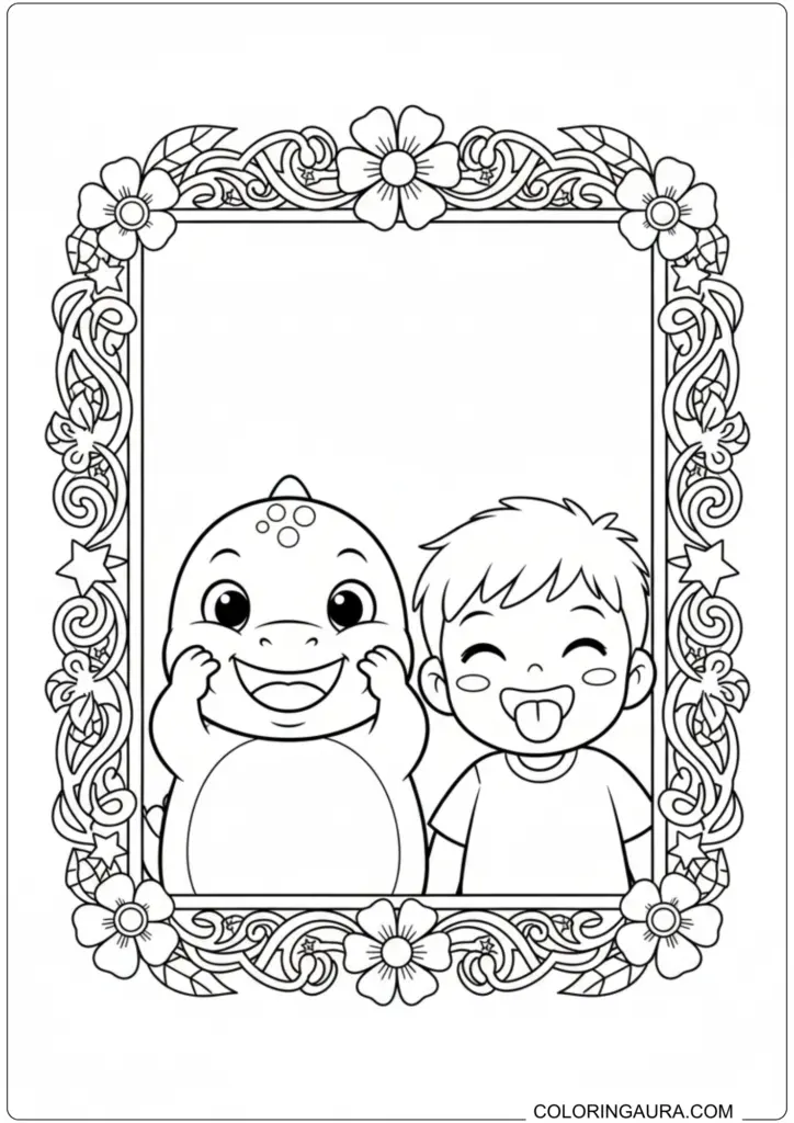 Nailong dinosaur and a playful boy making faces inside a beautiful floral frame, a fun coloring page.