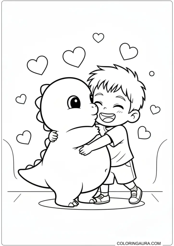	Cute Nailong dinosaur hugging a happy boy, surrounded by hearts, an adorable coloring page