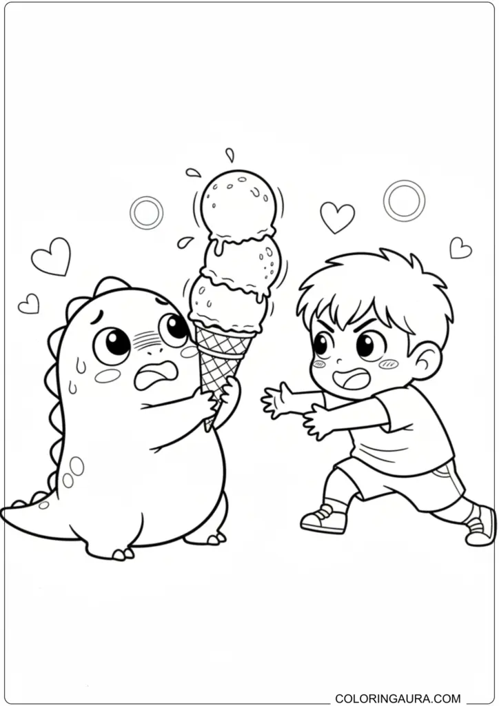 Nailong dinosaur holding a melting ice cream cone as a boy reaches for it, a playful coloring page.