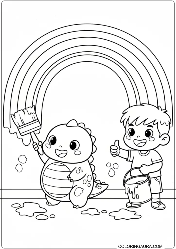 Nailong dinosaur painting a rainbow with a big brush, while a boy holds a paint bucket, coloring page.