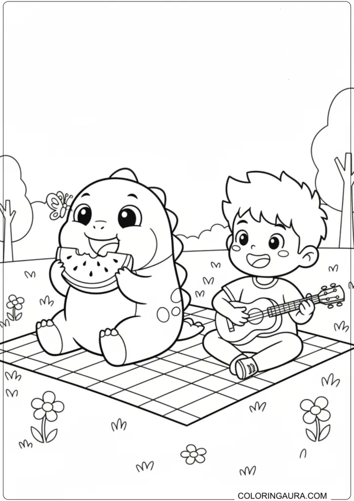 Nailong dinosaur eating watermelon, a boy playing guitar on a picnic blanket in a park, coloring page