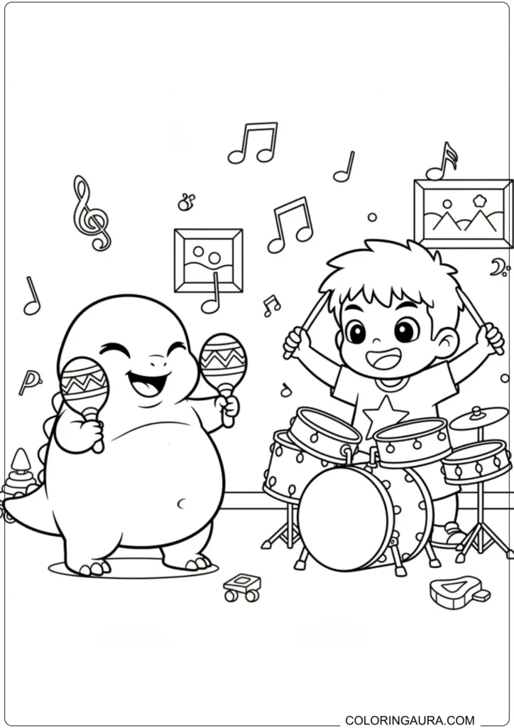 Nailong dinosaur playing maracas, and a boy playing drums, surrounded by musical notes, coloring page.
