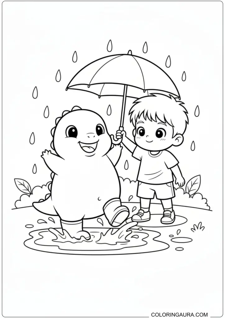 Nailong dinosaur and a boy playing in the rain with an umbrella, splashing in puddles, coloring page