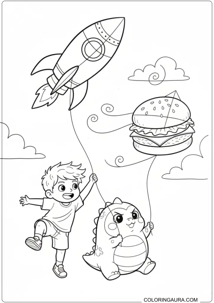 Nailong dinosaur and a boy flying a rocket kite and a burger kite in the sky, with clouds, coloring page.