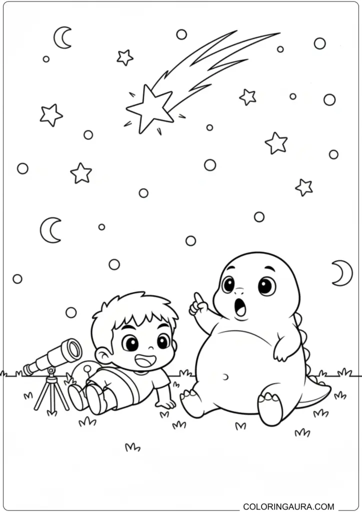 Nailong dinosaur and a boy watching a shooting star with a telescope, under a starry night sky, coloring page.
