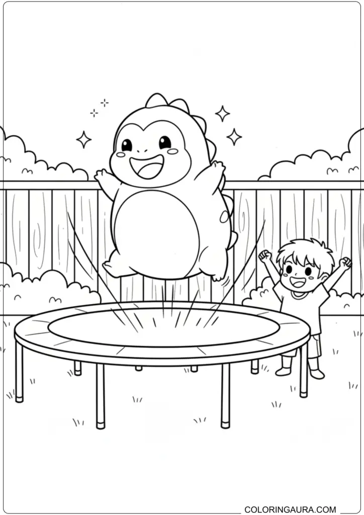 Nailong dinosaur and a boy happily jumping on a trampoline in a backyard, a playful coloring page.