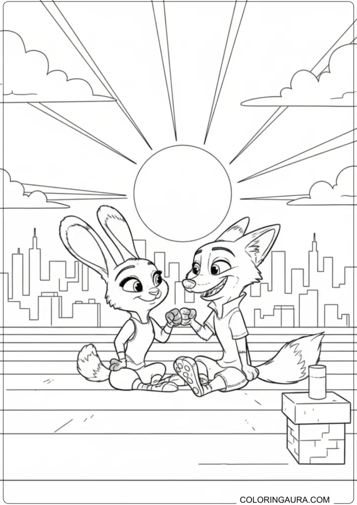 Nick Wilde and Judy Hopps fist bumping on a sunny rooftop overlooking the Zootopia skyline.