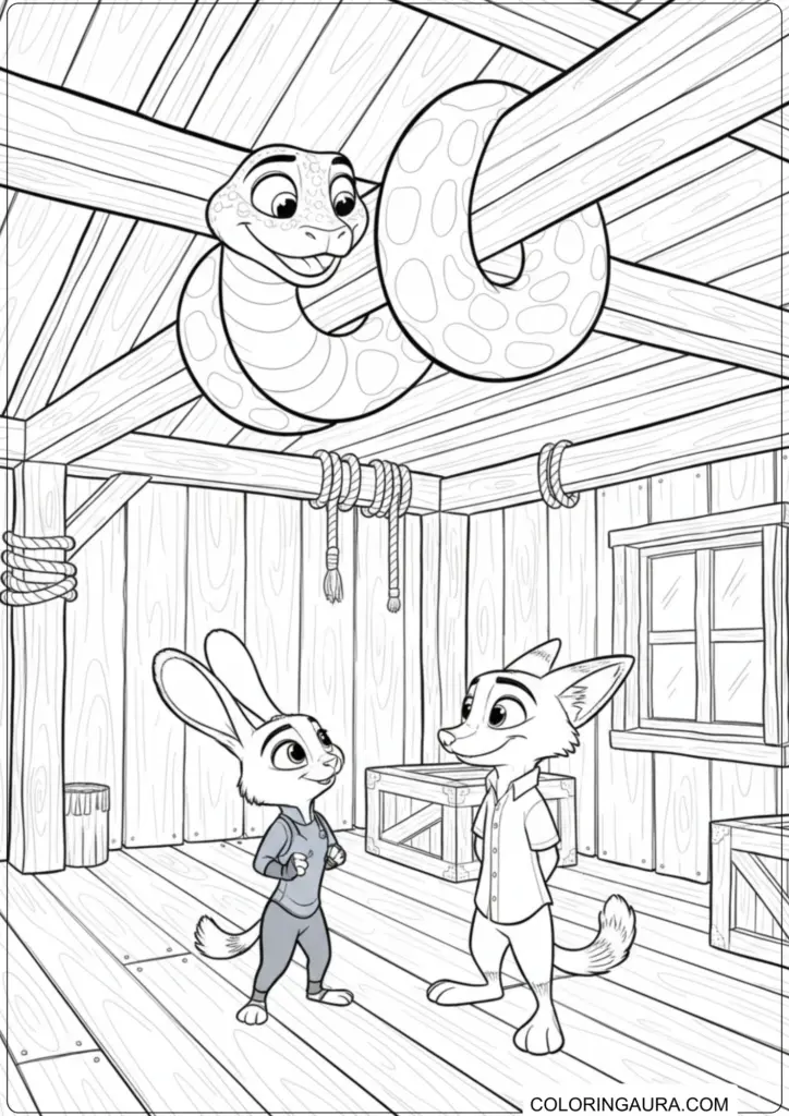 Nick Wilde and Judy Hopps in a wooden shed with a friendly snake on the rafters.