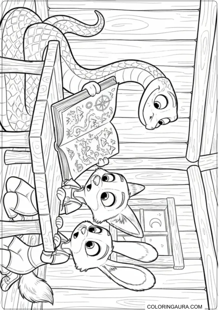 Nick Wilde, Judy Hopps, and a large snake reading a treasure map book together in a cabin.