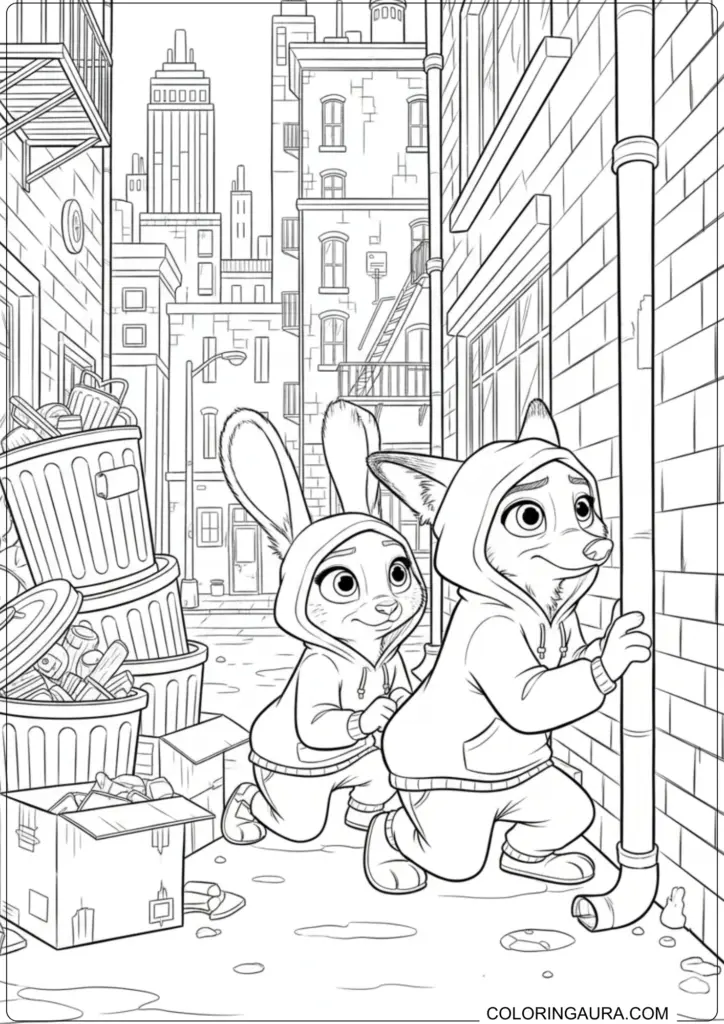 Zootopia's Nick and Judy in hoodies sneaking through a detailed city alleyway filled with trash cans.