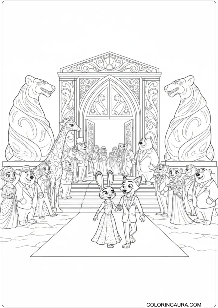 Zootopia wedding scene with Nick Wilde and Judy Hopps walking down the aisle together.
