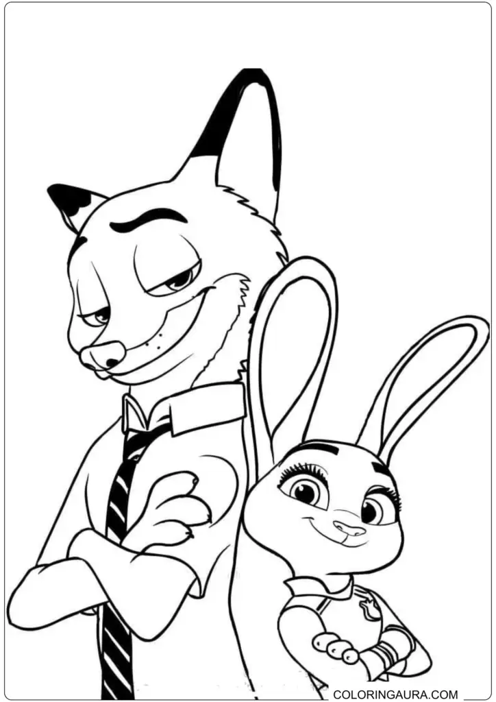 Printable Zootopia 2 coloring page featuring Nick Wilde and Judy Hopps standing back to back.