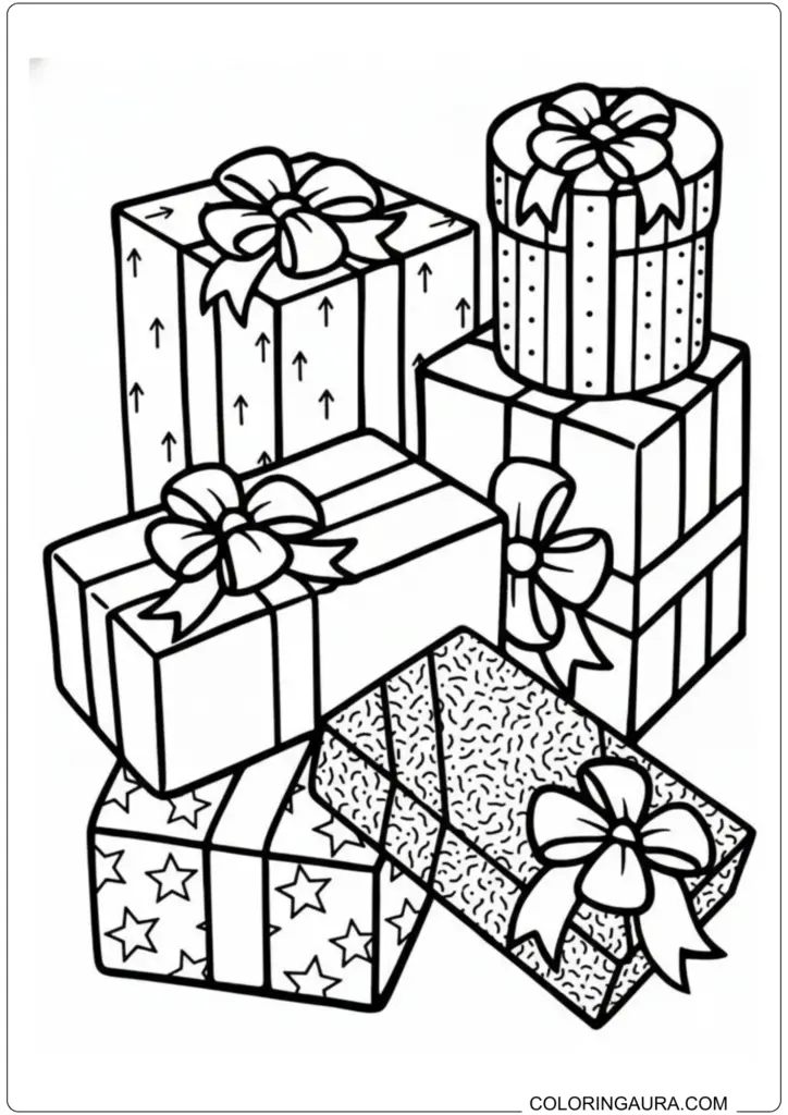 Printable coloring page featuring a pile of wrapped gift boxes with various patterns and bows.