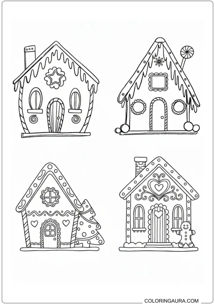 Printable coloring page featuring four festive gingerbread houses with candy details and holiday decorations.