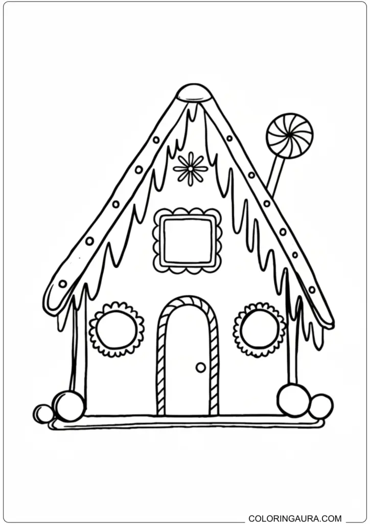 Gingerbread house coloring page featuring dripping icing, a lollipop, and candy cane door frame.