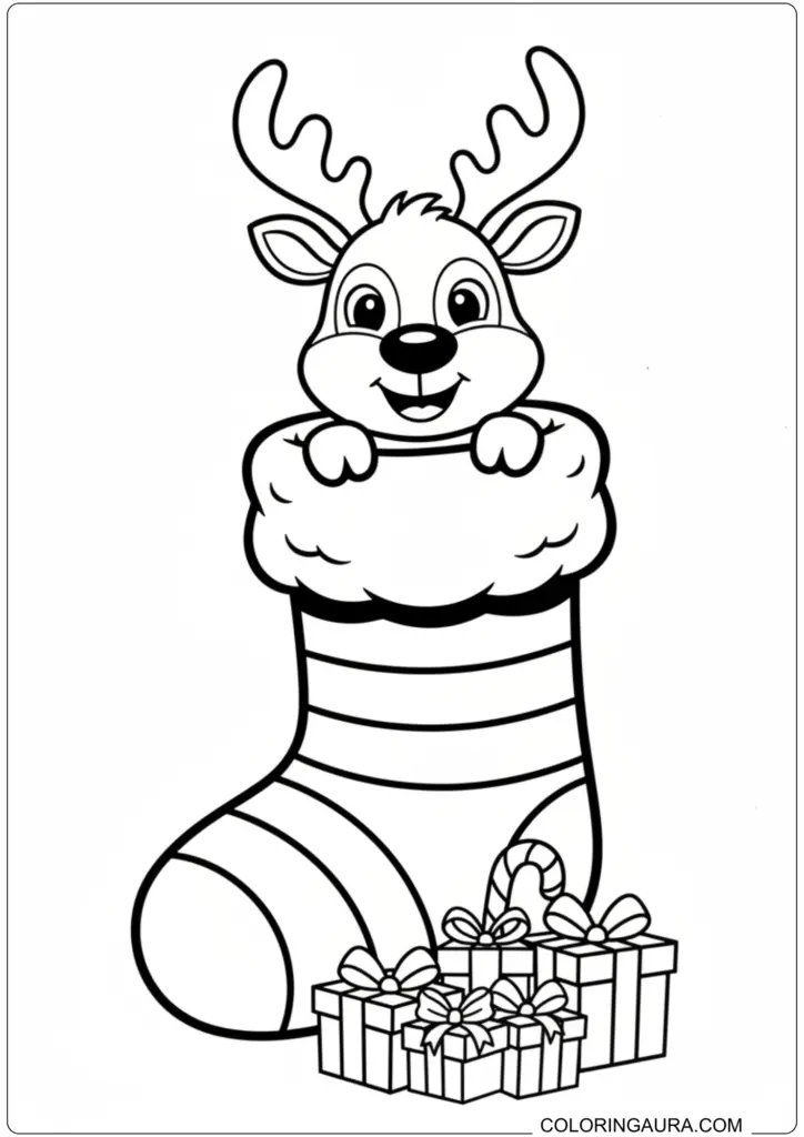 Cute reindeer popping out of a striped Christmas stocking with gifts coloring page for kids.