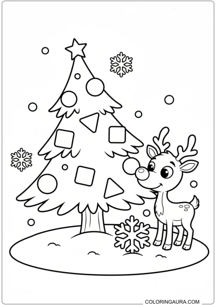 A cute baby reindeer standing beside a decorated Christmas tree with various shape ornaments and falling snowflakes, ready for coloring.