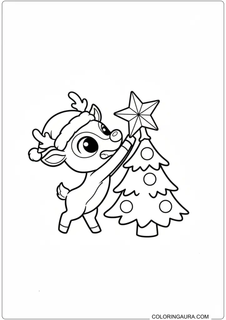 Cute reindeer in Santa hat putting a star on a Christmas tree coloring page