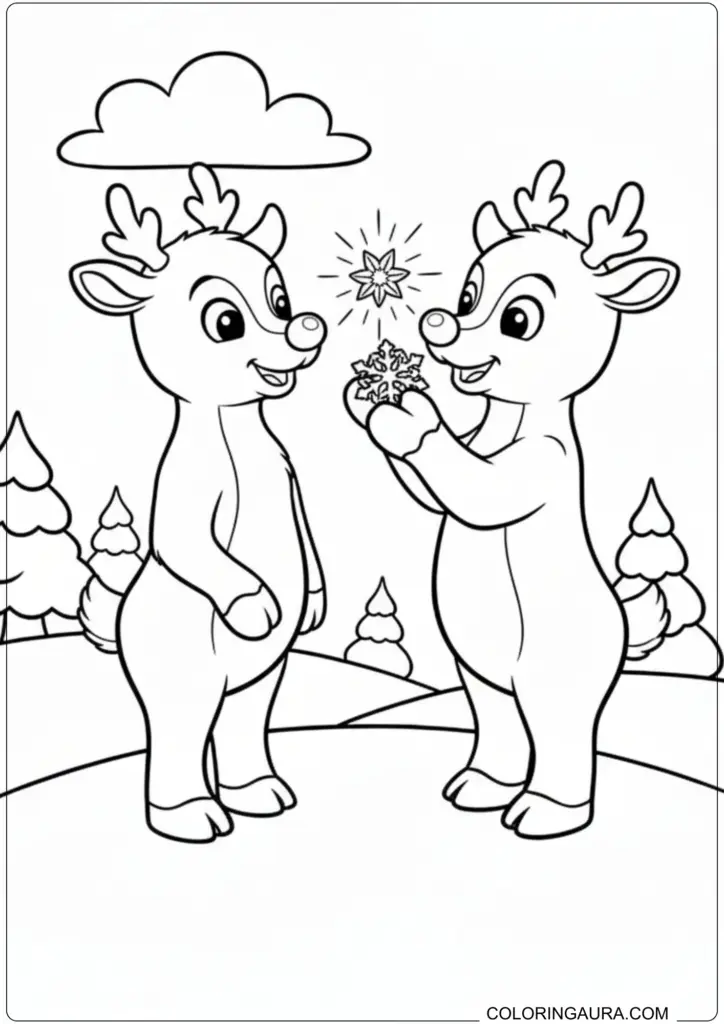 Two adorable reindeer standing together sharing a magical glowing snowflake printable coloring page
