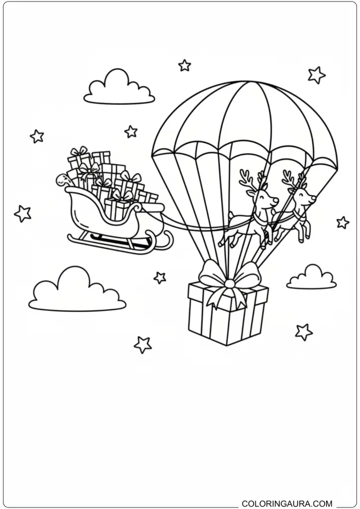 Printable coloring page featuring reindeer pulling a sleigh with a parachute carrying a large gift.