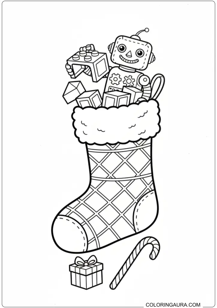 Toy robot and building blocks inside a patterned Christmas stocking coloring page for kids.