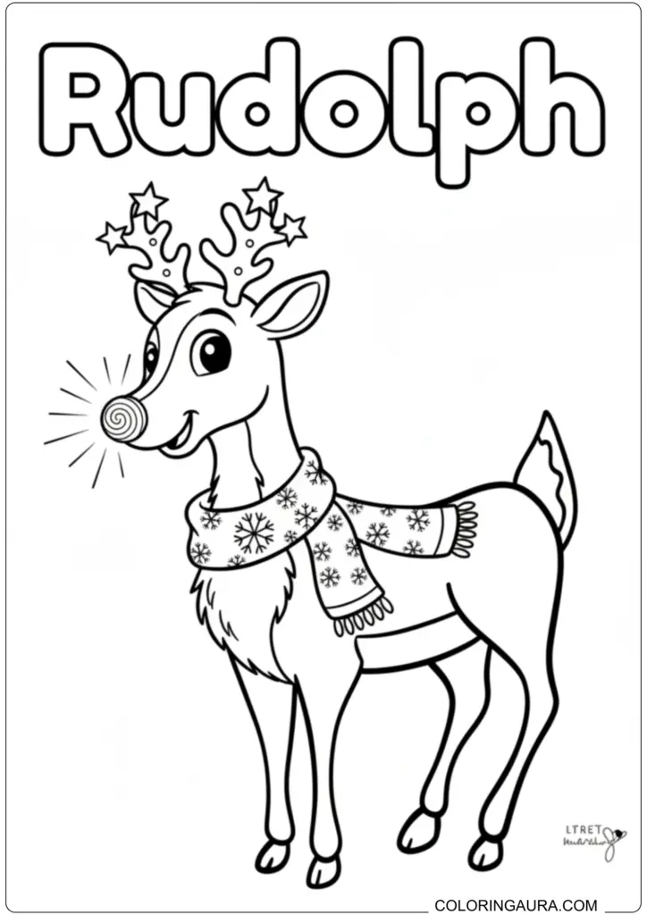 Rudolph the Red-Nosed Reindeer wearing a winter scarf printable coloring page for kids