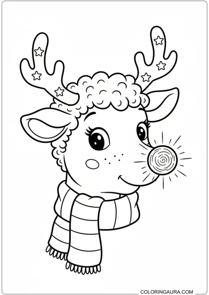 Cute Rudolph reindeer with glowing nose and striped scarf printable coloring page for kids