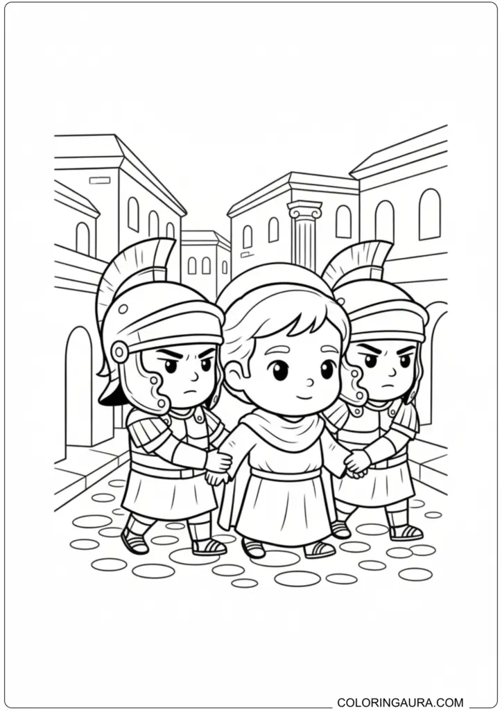 Two Roman soldiers arresting a calm Saint Valentine in an ancient city street