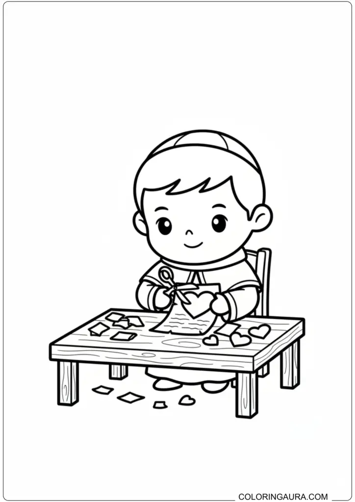 Cute Saint Valentine sitting at a desk cutting out paper hearts with scissors