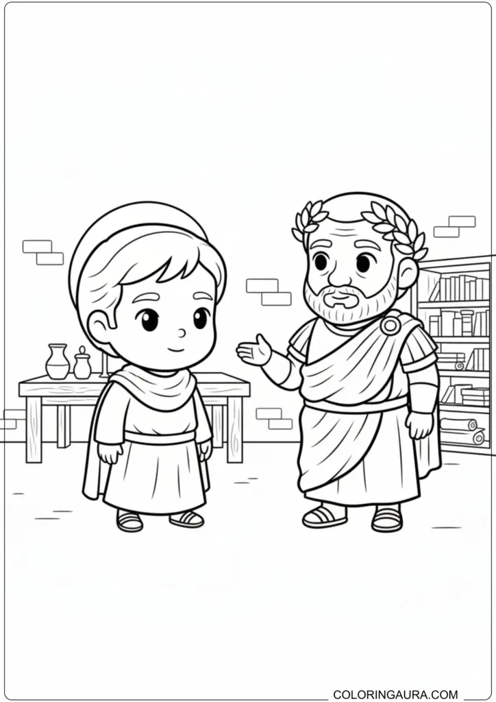 Saint Valentine talking to Emperor Claudius II wearing a laurel wreath in a Roman study