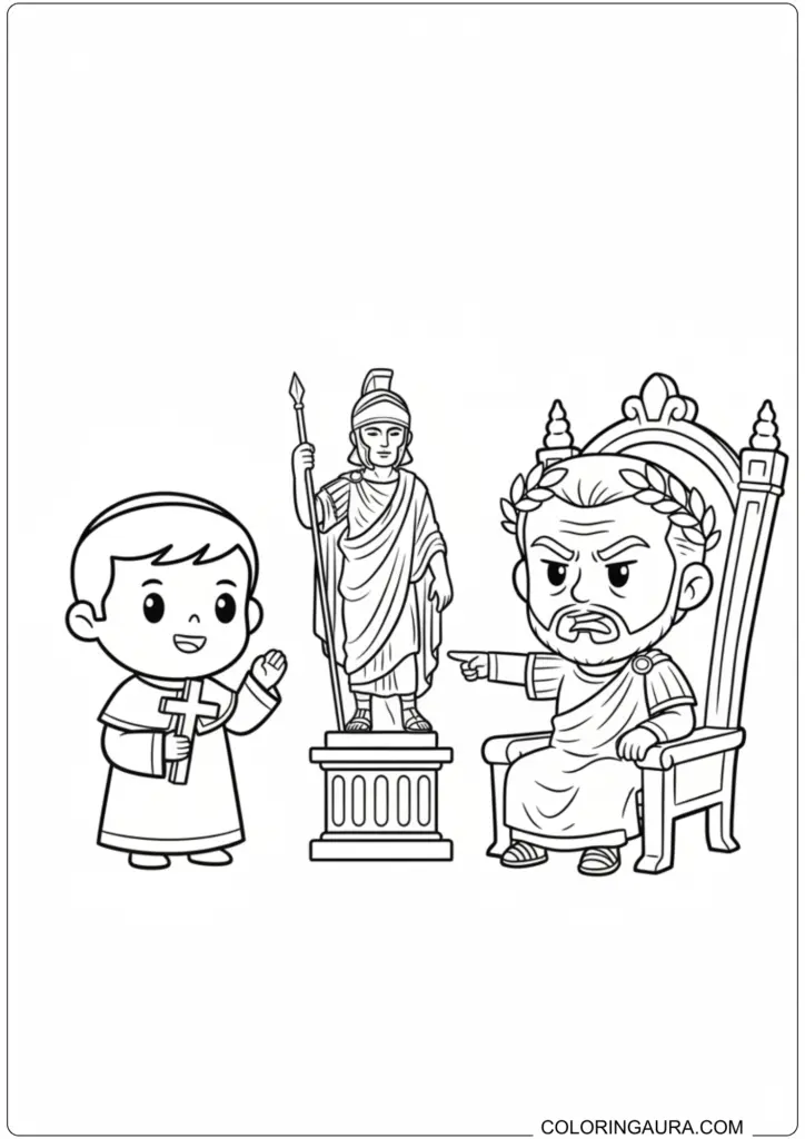  Text	Saint Valentine holding a cross standing before angry Emperor Claudius II and a Roman statue