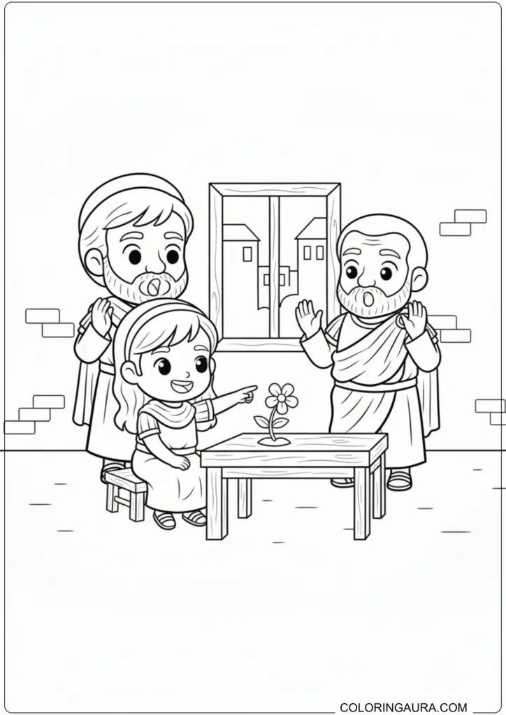 Healed girl pointing at a flower while Saint Valentine and the jailer watch in amazement