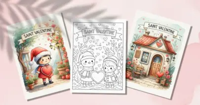 Collage of Saint Valentine cards featuring a coloring page outline and two colored examples