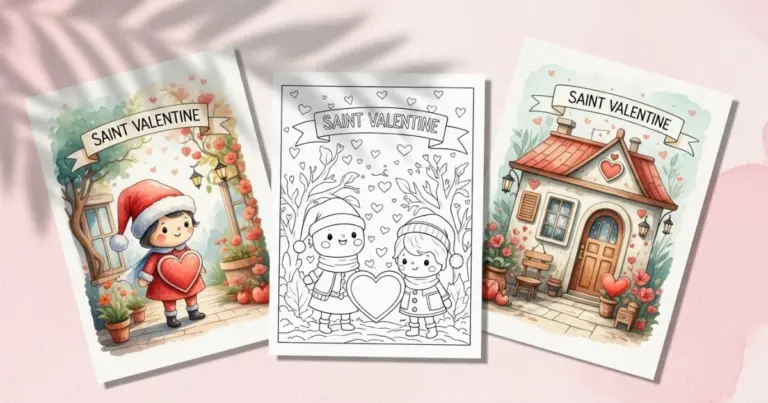 Collage of Saint Valentine cards featuring a coloring page outline and two colored examples