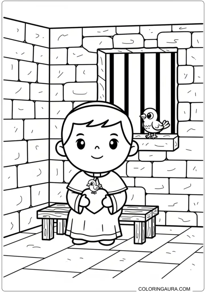 Cute Saint Valentine sitting in a prison cell holding a heart with friendly birds