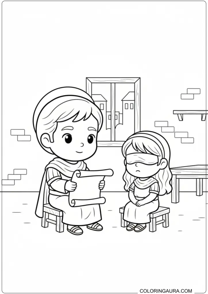 Cute Saint Valentine reading a scroll to the jailer's blind daughter in a prison cell