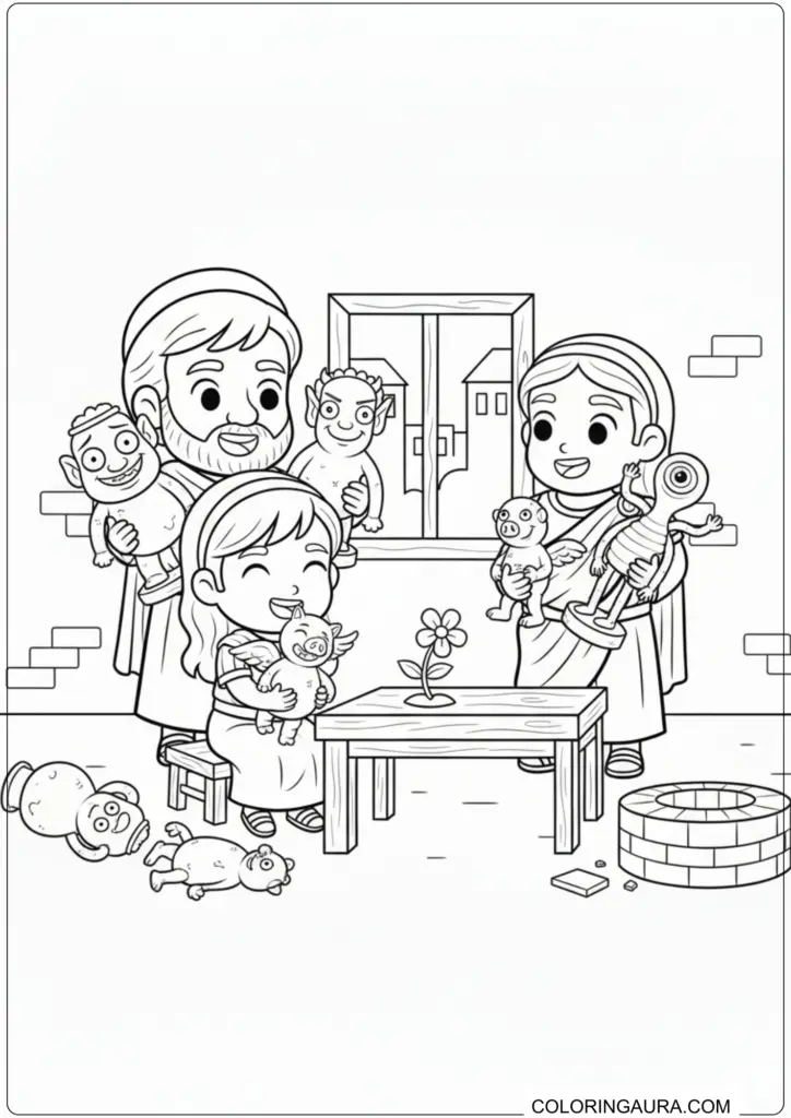 Saint Valentine, a woman, and a girl holding small funny pagan statues near broken pottery