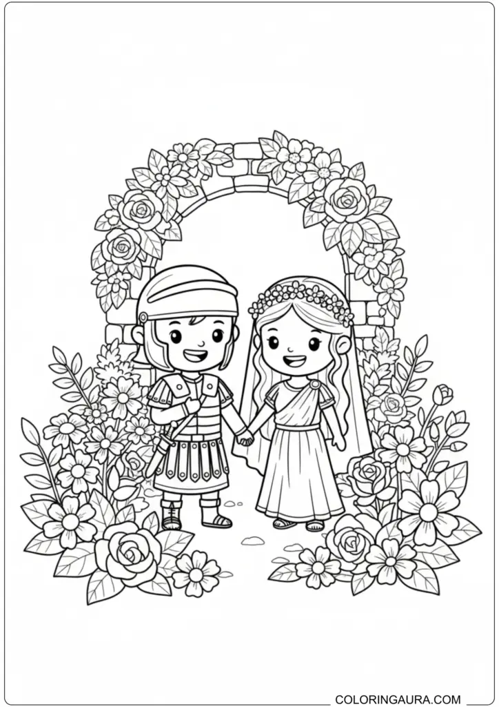 Cute  Saint Valentine Roman soldier and bride holding hands under a floral archway during a secret wedding