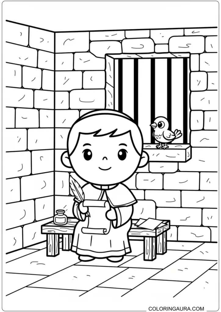 Cute Saint Valentine writing the first Valentine letter with a quill in a prison cell