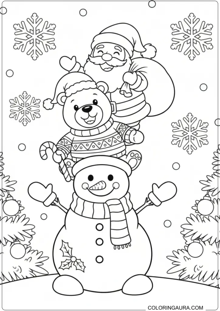 Christmas coloring page featuring a stack of Santa, a teddy bear, and a smiling snowman.