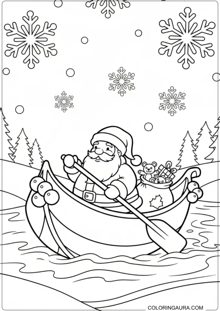Happy Santa Claus paddling a canoe form holly leafs filled with Christmas gifts and a teddy bear, under falling snowflakes and pine trees.