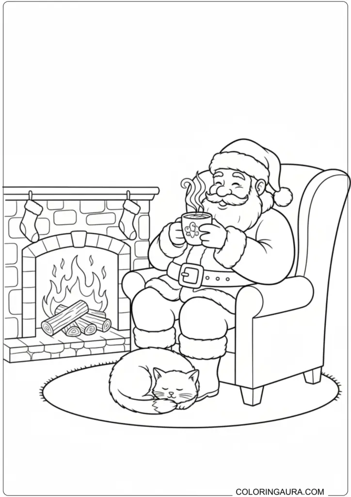 Santa Claus enjoys hot cocoa by a fireplace with a sleeping cat, perfect Christmas coloring page.