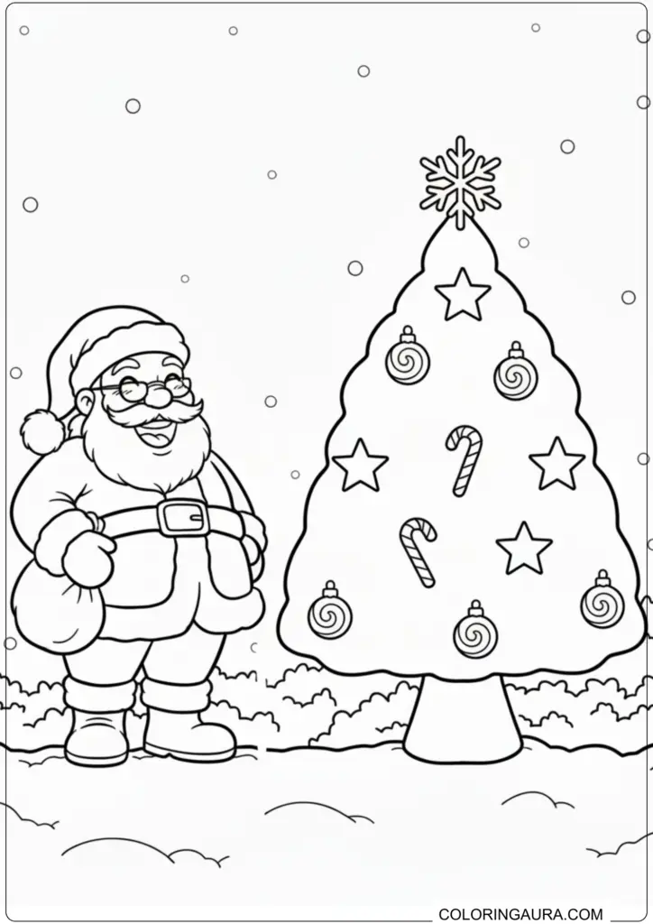 Merry Santa Claus standing next to decorated Christmas tree with ornaments, stars, and candy canes, ready for coloring.