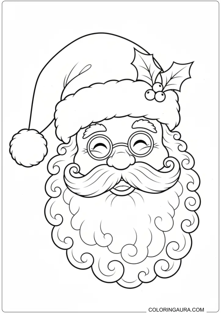 Close-up of Santa Claus's smiling face with glasses, a fluffy beard, and holly on his hat.
