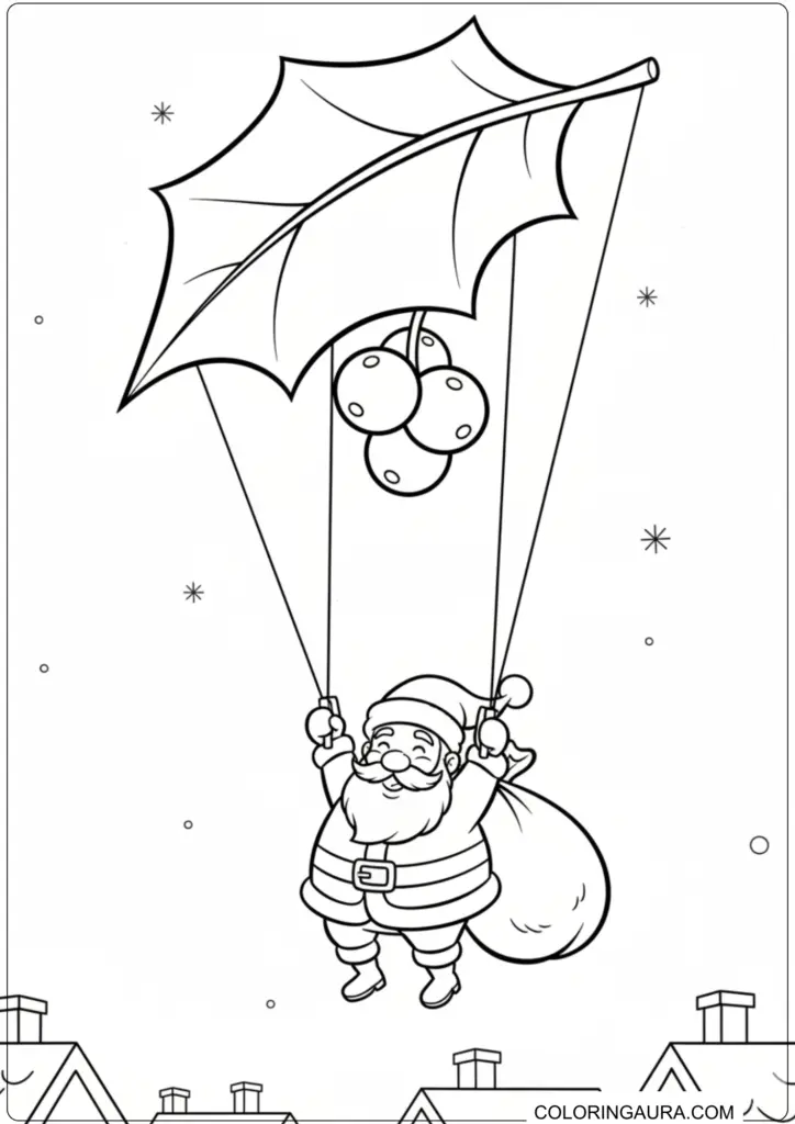 Jolly Santa Claus parachuting with a gift sack, suspended from a large holly leaf, over rooftops with falling snowflakes.