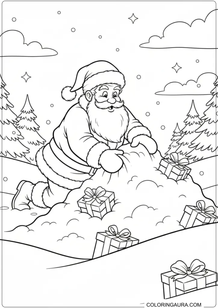 Printable coloring page of Santa Claus arranging gifts in a snowy winter landscape.