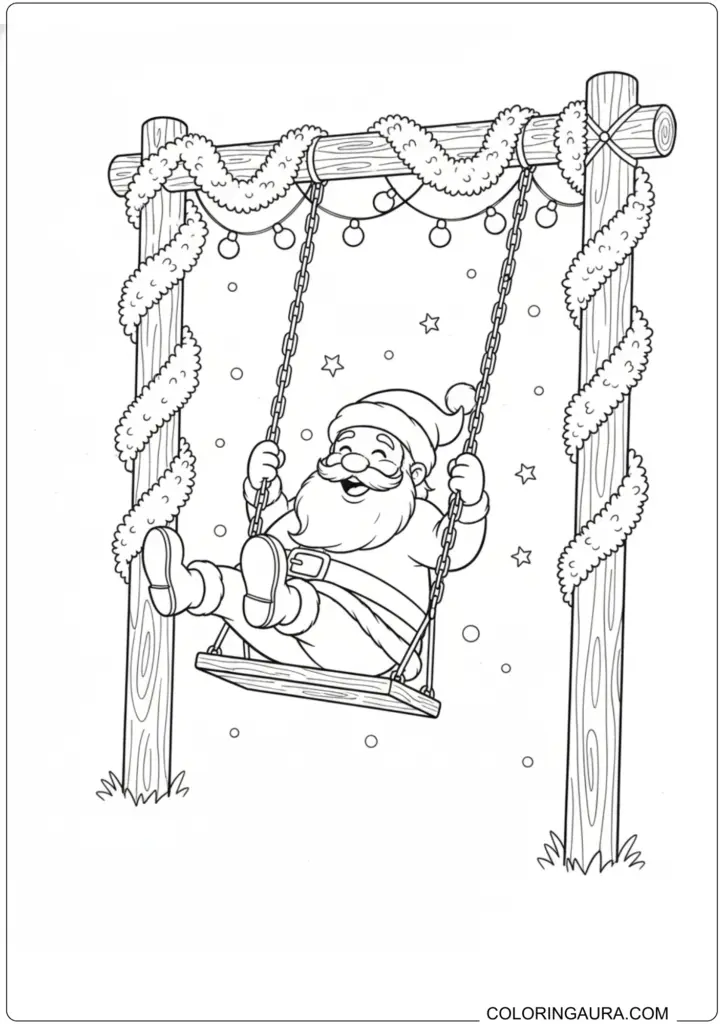 Cheerful Santa Claus swinging on a wooden frame decorated with festive Christmas lights and garlands.