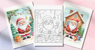 Santa Claus coloring page centered between two colored watercolor illustrations of Santa with gifts.
